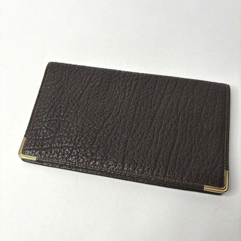 VTG Rumpp Dark Brown Pebbled Soft Leather Slim Breast Pocket Wallet Gold Corners